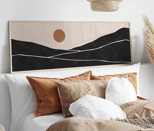 YUSUZHU Lienzo minimalista panorámico con vistas al mar y al sol: olas horizontales sobre la cama, cuadros horizontales (40 x 120 cm/marco interior)