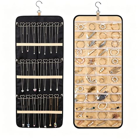 Moguxb Organizador de Joyas Colgante Negro Almacenamiento de Joyas de Doble Cara con Gancho Soporte para Joyas Rollo Organizador para Pendientes, Collares, Anillos, Armario, Pared y Puerta