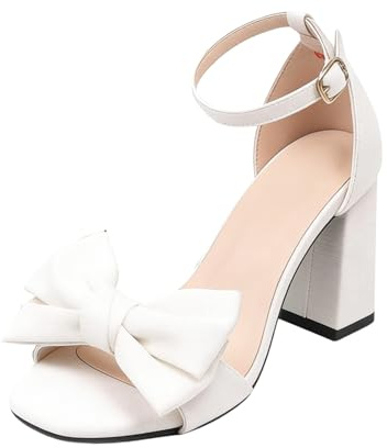 2026 Eleganti sandali con punta aperta, tacco a blocco e cinturino a fiocco, décolleté elastiche per moda estiva da donna, bianco, 36 EU