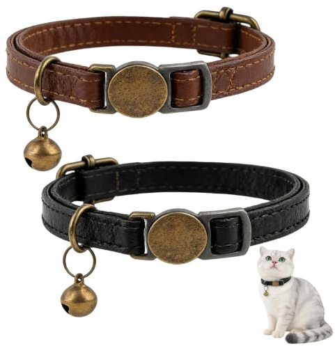 Omnikryp 2 Pezzi Collare Gatti, Regolabile Collarino Gatto, Collari per Gatti in Pelle, Collare Cani Antistrozzo, con Campanello Collari di Sicurezza, per Gatto e Cani di Piccola Taglia (19-30 cm)