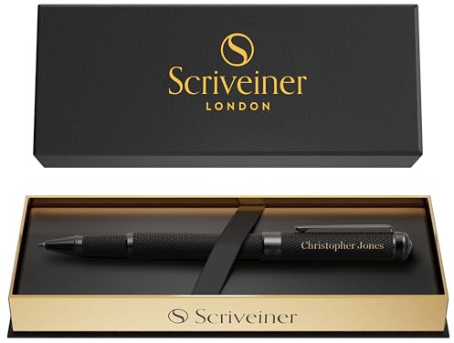 Scriveiner All Black Rollerball Pen - Stunning Luxury All Metal Matt Black Rollerball, Schmidt Refill, Quality Executive Writing Pen for the Office, Custom Name Engraving