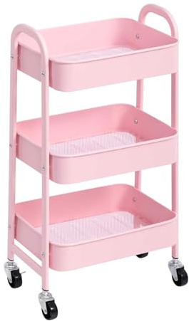 AGTEK 3 Tier Utility Rolling Cart with Lockable Wheels, Metal Multifunctional Storage, Organizer Cart for Kitchen, Office, Living Room, Makeup, Craft, Art Studio, Pink