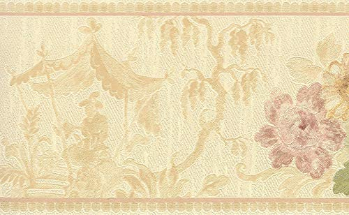 Dundee Deco BD6173 - Bordo per carta da parati preincollato, motivo floreale, beige, verde, oro con rose in fiore, design retrò, 4,57 m x 13,34 cm