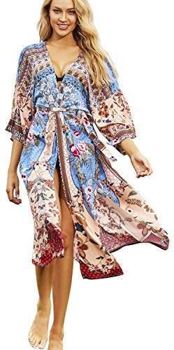 YouKD bomullskofta för kvinnor, lång bohemisk baddräkt Kimono Beach, täckande klänning i plusstorlek, Brun-blommig, en storlek