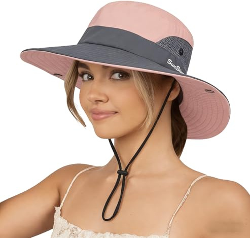 Chapeau de soleil d'été pour femme UTOWO protection UV chapeau de plage à large bord en maille chapeau de pêche avec trou pour queue de cheval chapeau pliable, rose, M