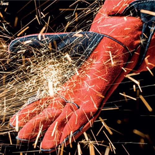 BricoLoco.com Guantes trabajo soldador. Soldadura profesional. Soldar eléctrica hilo, electrodo. Largo 400 mm. Cuero serraje vacuno. Reforzados. Forrados y cómodos. Talla 9. (400 mm., 1)