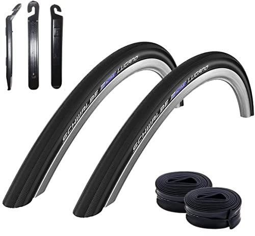 2 x Schwalbe Lugano 28 Rennradreifen K-Guard Fahrrad Mantel Decke in schwarz 700 x 33C (32-622) + 2 Schwalbe DV17 Schläuche inkl. Reifenheber