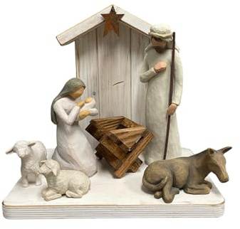 Stable for a Nativity (Fits The Willow Tree Figures) *Distressed *Wood Oak Baby Manger, Angel Stand, Lights, Creche, Custom Personalized Sign, Handmade in USA