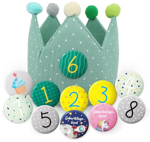 Sugeru Corona di compleanno in mussola con numeri, corona di compleanno per ragazzi e ragazze, decorazione per feste di compleanno per bambini, corona con numeri da 1 a 8 (grigio II)