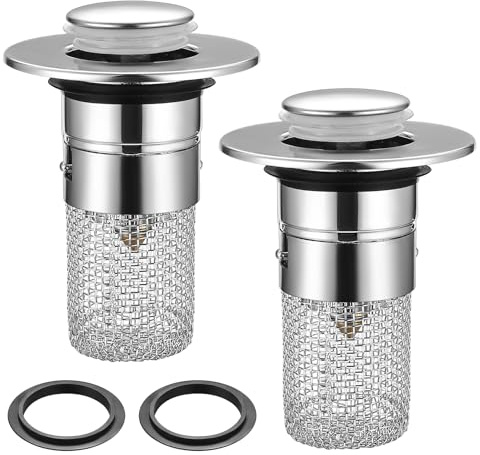 2 Pezzi Tappo Lavabo, Filtro Lavandino con Raccogli Capelli, Tappo di Scarico Universale in Acciaio Inox per Lavandini 34-40mm, Valvola Pop Up Universale per Lavabo
