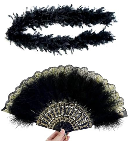 2er-Pack Damen-FederfäCher + Federstreifen, Federboa Schwarz, Federboa, Federboa Schwarz, 20s Vintage Style Folding Handheld Feather Fan, Retro HandfäCher Damen Gatsby KostüM Flapper ZubehöR