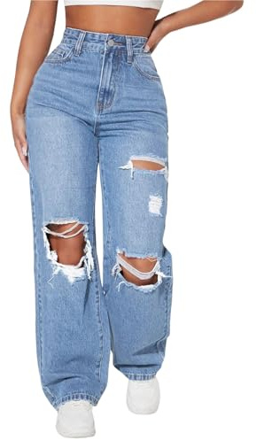 Sawmew Pantalones anchos de cintura alta para mujer, vaqueros desgastados Y2K, holgados estilo boyfriend ajustados vintage rectos y rotos