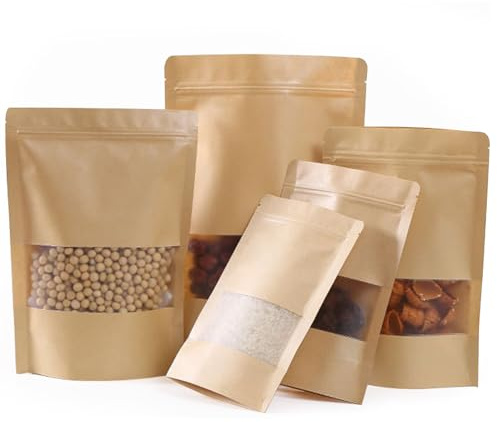 MORAINJAY 50P Bolsas de Kraft con Ventana y Cierre Hermético,18 * 26+4cm Bolsas de Papel Resellables para Café, Frutos Secos, Snacks y Té - 6 Tamaños,Base Ancha y Superficie para Escribir