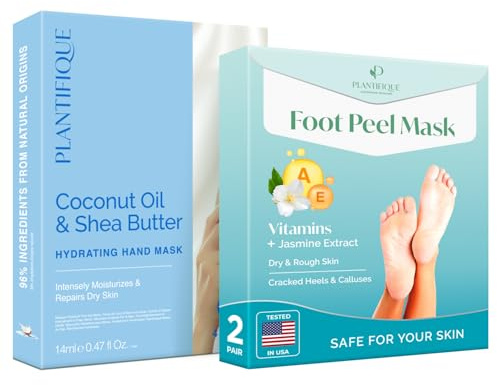 PLANTIFIQUE Mascarilla Pies Vitaminas - Peeling Durezas y Callos Eliminar - 2 Pares & Mascarilla Manos - Guantes Hidratantes para Manos Agrietadas y Secas - 4 Pares