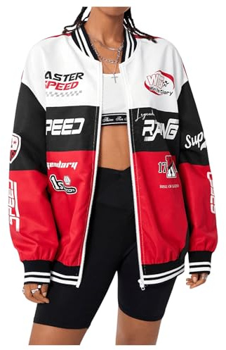GORGLITTER Women's Letter Graphic Long Sleeve Zip Up Bomber Jackets Colorblock Y2k Motorbike Jacket Outerwear