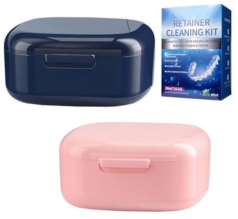 2 Pezzi Porta Dentiera Con Filtro Sospeso Contenitore Portatile per Apparecchi Ortodontici la Pulizia, lo Stoccaggio e Pulizia in Viaggio (Rosa, Blu)