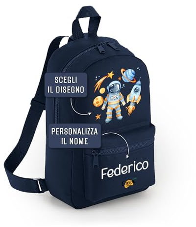 Caribu design Zainetto Bambino/Bambina Personalizzato con Nome - Zaino Piccolo da Bimbo - Cartella Personalizzabile per Scuola Asilo Materna Sport Gite Viaggi 23 x 35 x 12 cm (Blu navy)