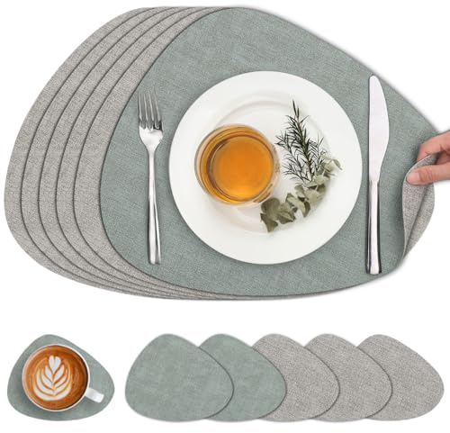 Chitomars Placemats and Coasters Set of 6 Dual Sided Faux Leather Table Mat | Heat Resistant Washable Place Mats Non Slip Waterproof Leather Placemat for Dining Indoor Outdoor (Light Grey Sage Green)