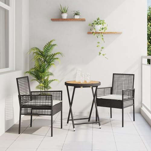 SKTQYQO Set bistro de jardin en 3 pièces avec coussins – Table ronde et chaises en rotin noir, ensemble d'extérieur en bois d'acacia rustique avec structure robuste et design pliable,