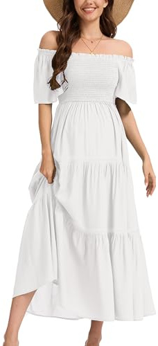 JINDIIM Women's Summer Ruffle Short Sleeve Maternity Maxi Dress Flowy Tiered A Line Photoshoot Baby Shower Dress White XL