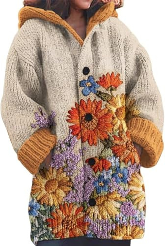 Cardigan for Ladies UK Hooded Button Down Long Sleeve Colourful 3D Print Sweater Jacket with Pockets Knitted Thick Lounge Autumn Winter Coat Women Plus Size (21,S)