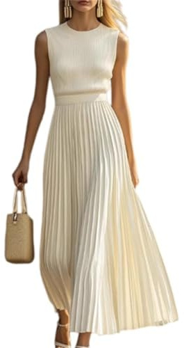 Elegant Cream Knitted Chiffon Pleated Hem Maxi Dress, Spring Summer Flowy Sleeveless Wedding Dress (White,XS)