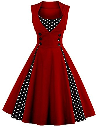 Axoe Damen 50er Jahre Cocktailkleid Rockabilly Elegantes Faltenrock Festliches Partykleider Vintage Kleid Audrey Hepburn Abendkleider mit Polka Dots Knielang, Weinrot, L (40/42 EU)
