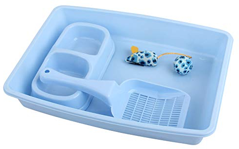 PAWISE Ensemble de 4 accessoires pour chats, comprenant un bac à litière, une pelle à litière, un gamelle et un jouet, 36,8 x 26,7 cm, bleu