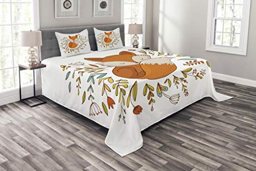 ABAKUHAUS Karikatur Tagesdecke Set, Nette Baby-Fox Blumen, Set mit Kissenbezug Maschienenwaschbar, für Einzelbetten 170 x 220 cm, Dunkel Orange weiße Teal Coral