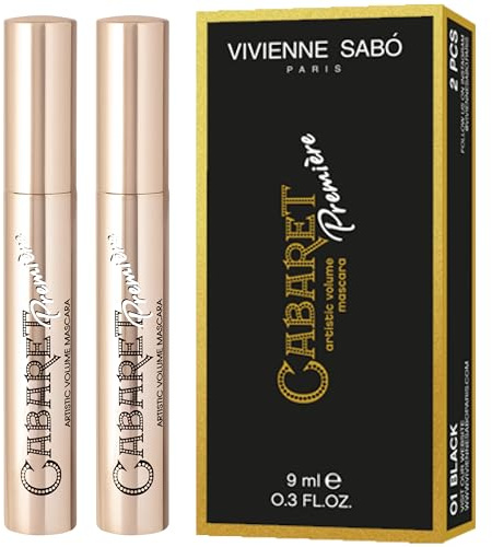 Vivienne Sabó Cabaret Premiere Black Mascara, Volume and Length, Defining, Curling, No Flaking, No Clumping, Smudge Proof, Washable, Cruelty-Free, Made in Europe, (01 Black), 0.6 Fl Oz, 2 Pack
