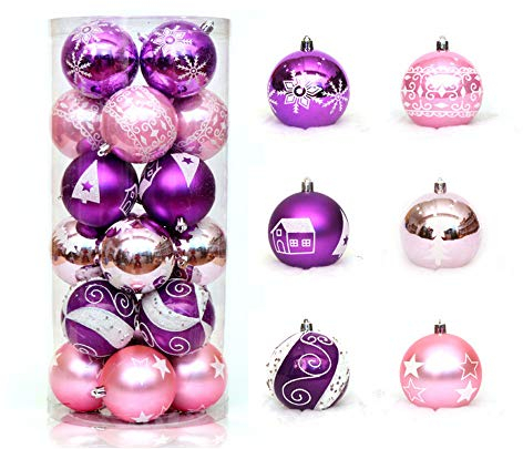 Nicole Knupfer 24er Weihnachtskugeln Set, 6cm Christbaumschmuck-Set für Weihnachtsbaum, Christbaumkugeln Baumschmuck Weihnachtsbaumschmuck (Rosa+Lila)