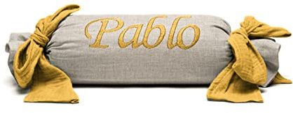 Nenel Cojín Decorativo para Cuna o Carrito Personalizado – Caramelo bebé con Nombre - Rulo recién Nacido Bordado - Lino y Bambula (Mostaza)