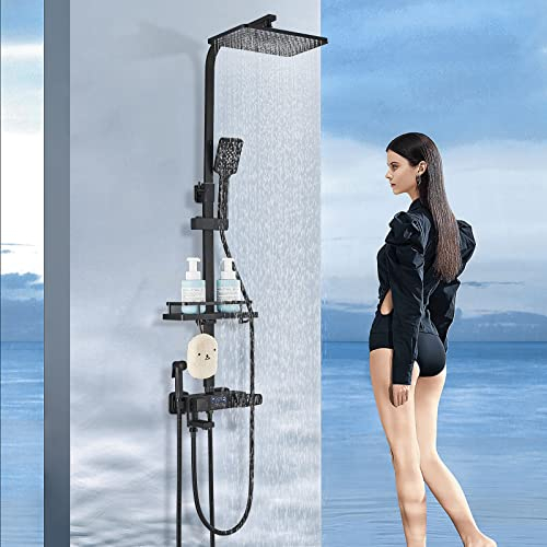 Cesinkin Colonne de Douche Thermostatique Noir avec Mitigeur 38°C Ensemble de Douche avec 4 Fonctions Hauteur Réglable Système de Douche à Tête Carrée avec Douchette à Main pour Salle de Bain