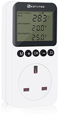 KETOTEK Day Night Temperature Controller Plug Outlet Digital Thermostat Socket Heating Cooling Temp Controller with Sensor Timer Switch for Reptile Greenhouse Brewing Refrigerator