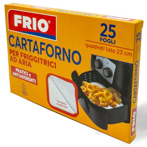 FRIO - Carta Forno per Friggitrici ad Aria - 25 Fogli Quadrati 23x23 cm - Cottura Sana e Salutare. Formato quadrato, adatto a tutte le Airfryer