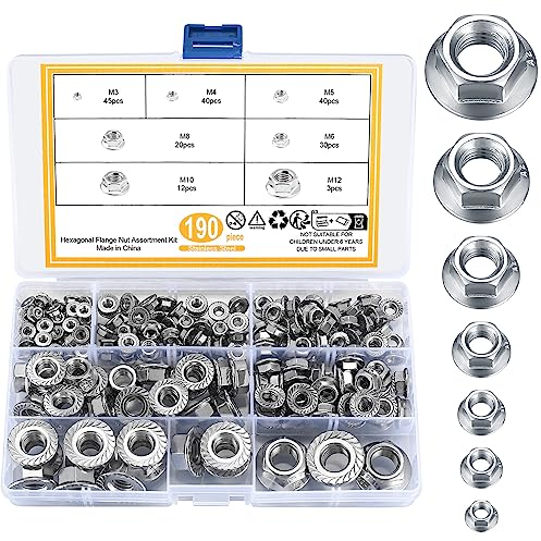 190 Pièces Écrous à Embase, Écrous à Hexagonaux en Acier Inoxydable, Écrous à Bride de Blocage Dentelés Hexagonale, pour Pedalier Velo et Bricolage - M3/M4/M5/M6/M8/M10/M12