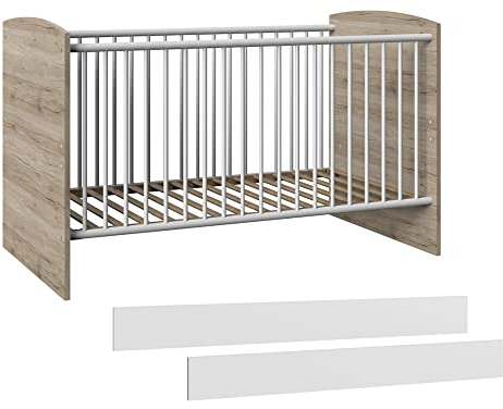 Lomadox Babybett Gitterbett mit Schlupfsprossen und Bettseiten Rausfallschutz in Eiche Nb. mit weiß, B/H/T: ca. 80/88/143 cm