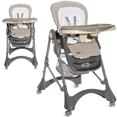 Lorelli Kinderhochstuhl mitwachsend Bellissimo, Kinderstuhl klappbar, verstellbarer Baby Hochstuhl mit Sicherheitsgurt, Doppeltablett, Korb, Rollen und PU-Lederbezug, beige