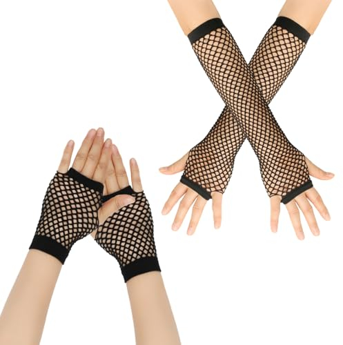 EODKSE 2 Paar Neonpink Netzhandschuhe - Lang und Kurz - Damen Fingerlose Handschuhe im Fischnetz-Design für 80er-Jahre Retro-Partys, Disco und Maskerade-Kostüme - Tolles Zubehör