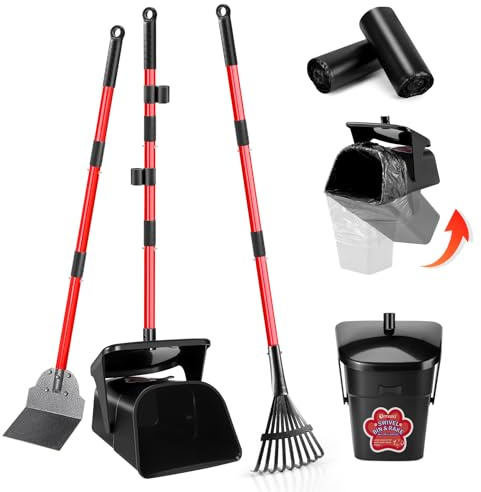 Ormalla Cubo giratorio para excrementos, rastrillo y pala con 60 bolsas de residuos, pala resistente para perros grandes, medianos y pequeños, mango largo de acero inoxidable para uso en patio,