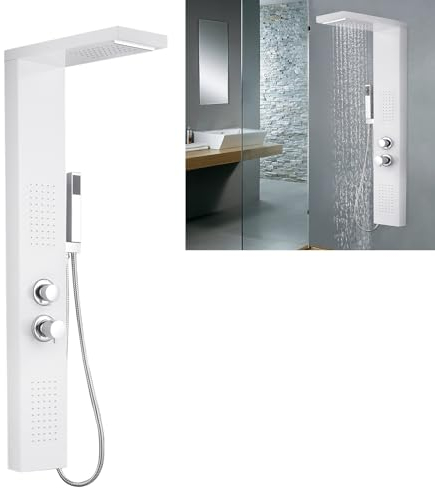 YUENFONG Panel de ducha de lluvia de acero inoxidable, sistema de ducha, columna de ducha de lluvia con alcachofa de mano, ducha de efecto lluvia, ducha de masaje, ducha cascada, color blanco