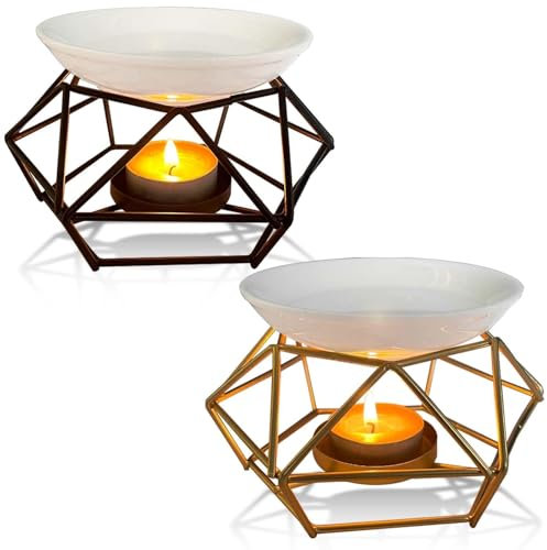 Lampada profumata in metallo e ceramica, 2 pezzi candela aroma bruciatore di cera profumata lampada con portacandela in ferro olio Burner decorazione per la casa a rombi lampada aromaterapia (nero +