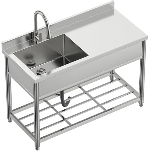 Vockol Freistehende Edelstahl Spültisch Gastro mit Werkbank, Gewerbliche Küchenspüle mit Ausziehbarem Wasserhahn, Outdoor Spüle für Küche Garage Waschküche Restaurant, 55T x 120B x 94H cm