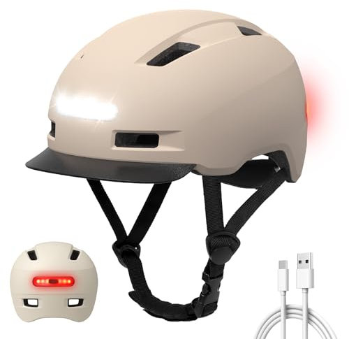 Shinmax Fahrradhelm Herren Damen, Helm Fahrrad mit USB Licht 5 Modi Fahrradhelm mit Visier, Mountainbike Helm Rennradhelm Erwachsen für Scooter Urban Pendler White-Gray M