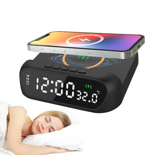 Sveglia con ricarica wireless: orologio digitale a LED con molla di ricarica rapida | Allarme notturno 3 in 1, display della temperatura, funzione di per dormire, orologio da comodino