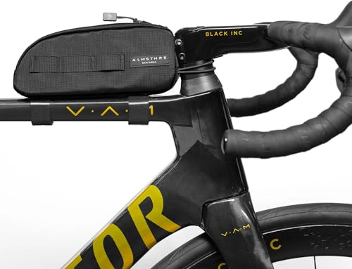 ALMSTHRE Top Tube Bag 8'' x 2'' x 3'' - Midnight Black | Waterproof, Secure & Stable – Universal Bike Storage with Versatile Mounting – Fits Essentials | Adventure-Ready Cycling Gear