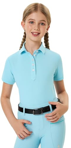 FitsT4 Sports Girls Equestrian Shirt Short Sleeve Horse Riding Polo Shirts Button UP Horseback Show Shirt Kids Summer Tops LightBlue Medium