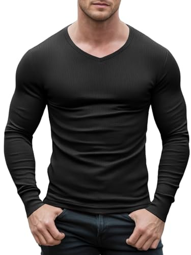 Agilelin Magliette Aderente da Uomo,T-Shirt Maniche Lunghe Scollo a V,Biancheria Intima Termica（Black/M