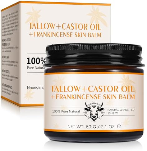 Tallow, Castor Oil and Frankincense Oil Skin Balm, 100% Grass-Fed Tallow for Face & Body Moisturizer, Deep Moisturizing Cream, Moisturizer for Dry, Cracked Skin, All Skin Types