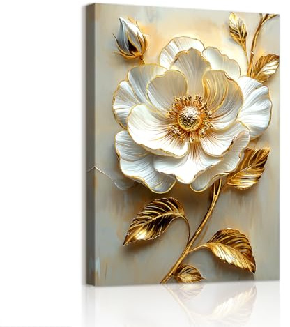 WENGTIAO Stampa su Tela Fiori di Peonia Bianca Con Cornice Quadro su Tela Lusso Foglie d'oro Floreale Quadri Moderni Soggiorno Casa Camera da Letto Pittura Decorazioni Parete 40x60 cm